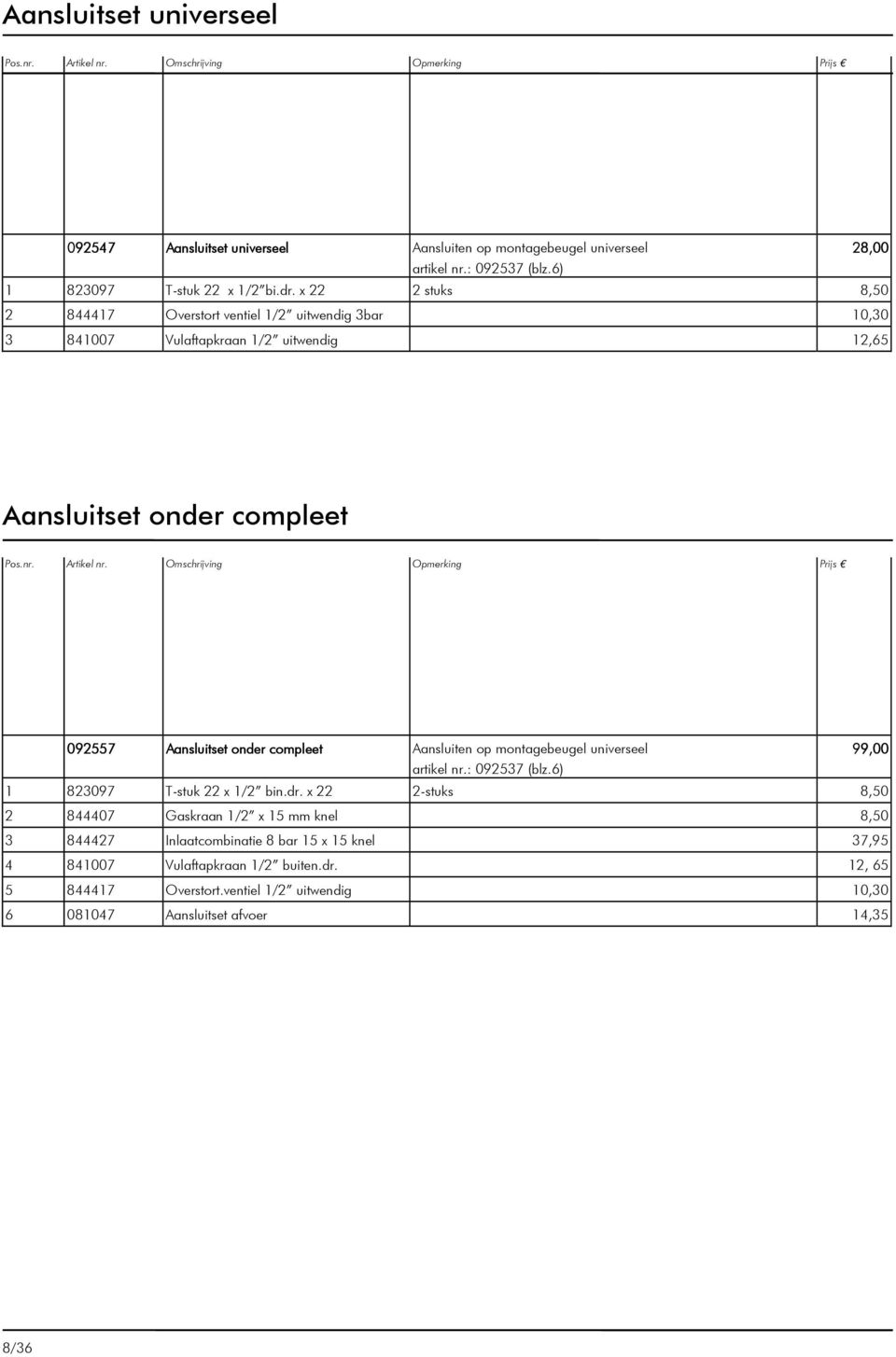 Omschrijving Opmerking Prijs 092557 Aansluitset onder compleet Aansluiten op montagebeugel universeel 99,00 artikel nr.: 092537 (blz.6) 1 823097 T-stuk 22 x 1/2 bin.dr.