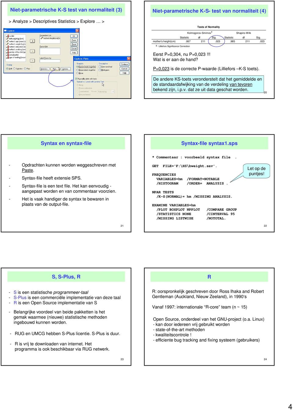 P=0,023 is de correcte P-waarde (Lilliefors K-S toets). 19 De andere KS-toets veronderstelt dat het gemiddelde en de standaardafwijking van de verdeling van tevoren bekend zijn, i.p.v. dat ze uit data geschat worden.