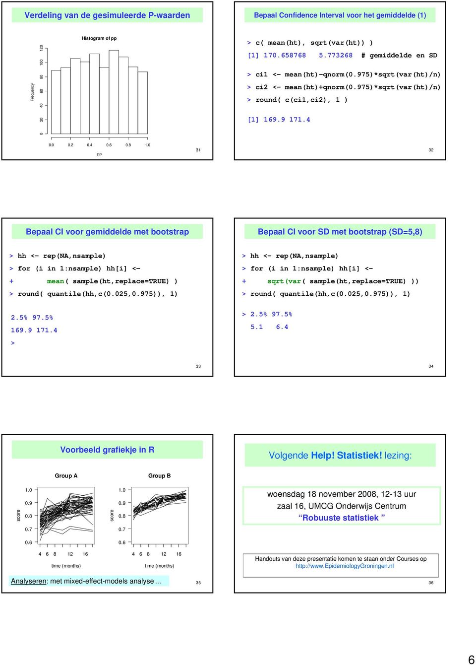 0 pp 31 32 Bepaal CI voor gemiddelde met bootstrap Bepaal CI voor SD met bootstrap (SD=5,8) > hh <- rep(na,nsample) > for (i in 1:nsample) hh[i] <- + mean( sample(ht,replace=true) ) > round(