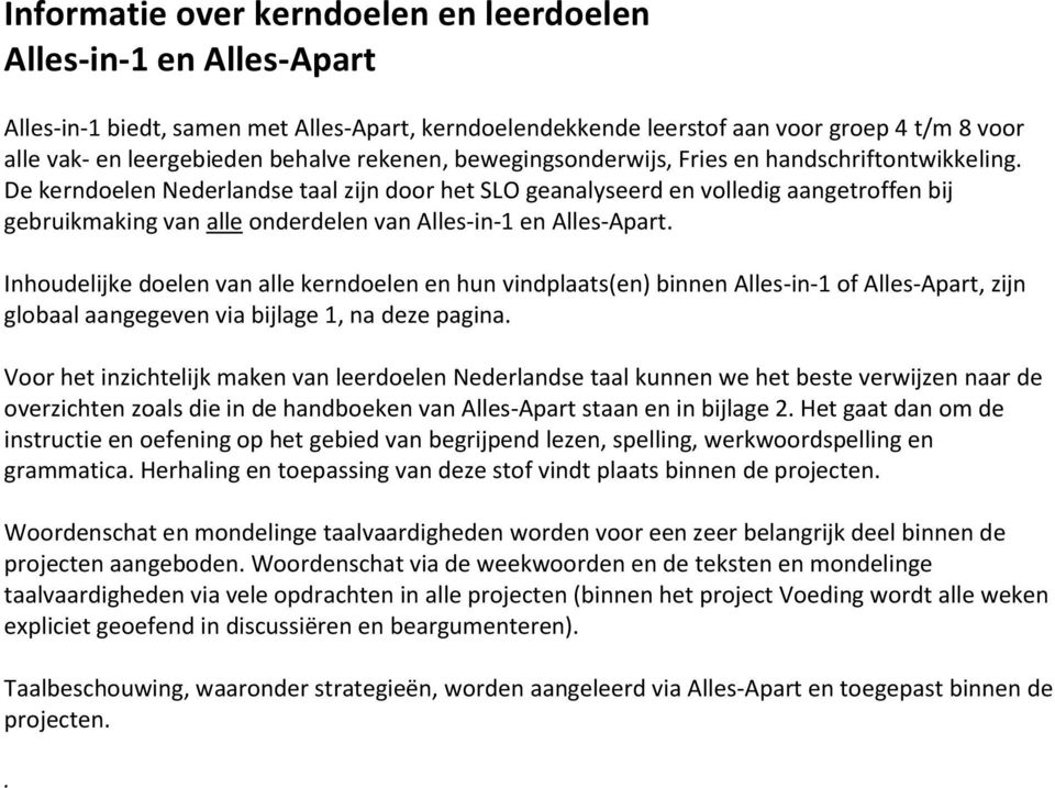 De kerndoelen Nederlandse taal zijn door het SLO geanalyseerd en volledig aangetroffen bij gebruikmaking van alle onderdelen van Alles-in-1 en Alles-Apart.