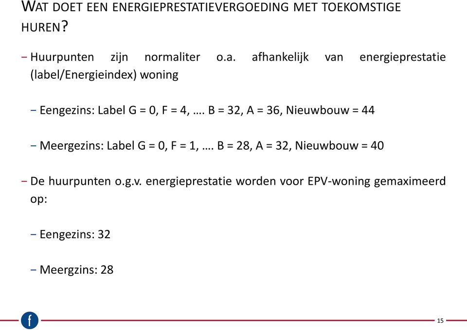 afhankelijk van energieprestatie (label/energieindex) woning Eengezins: Label G = 0, F = 4,.