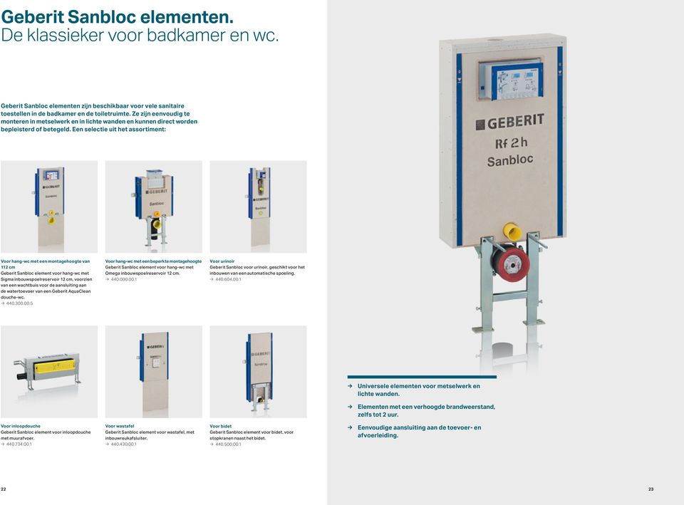 Een selectie uit het assortiment: Voor hang-wc met een montagehoogte van 112 cm Geberit Sanbloc element voor hang-wc met Sigma inbouwspoelreservoir 12 cm, voorzien van een wachtbuis voor de