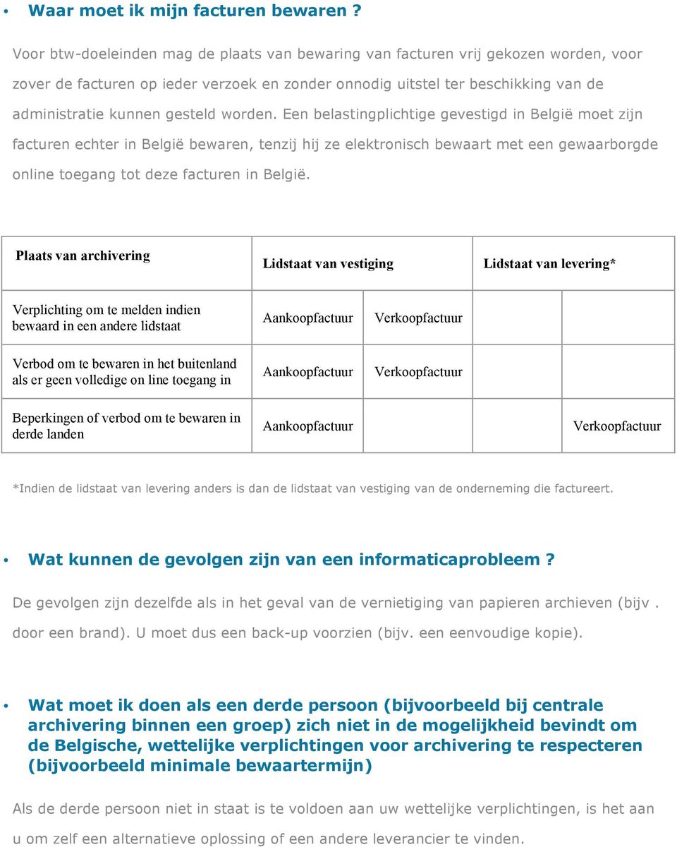 worden. Een belastingplichtige gevestigd in België moet zijn facturen echter in België bewaren, tenzij hij ze elektronisch bewaart met een gewaarborgde online toegang tot deze facturen in België.