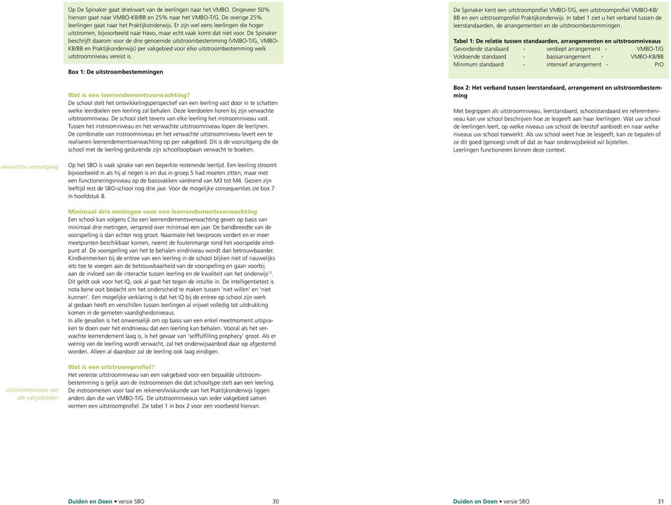 De Spinaker beschrijft daarom voor de drie genoemde uitstroombestemming (VMBO-T/G, VMBO- KB/BB en Praktijkonderwijs) per vakgebied voor elke uitstroombestemming welk uitstroomniveau vereist is.