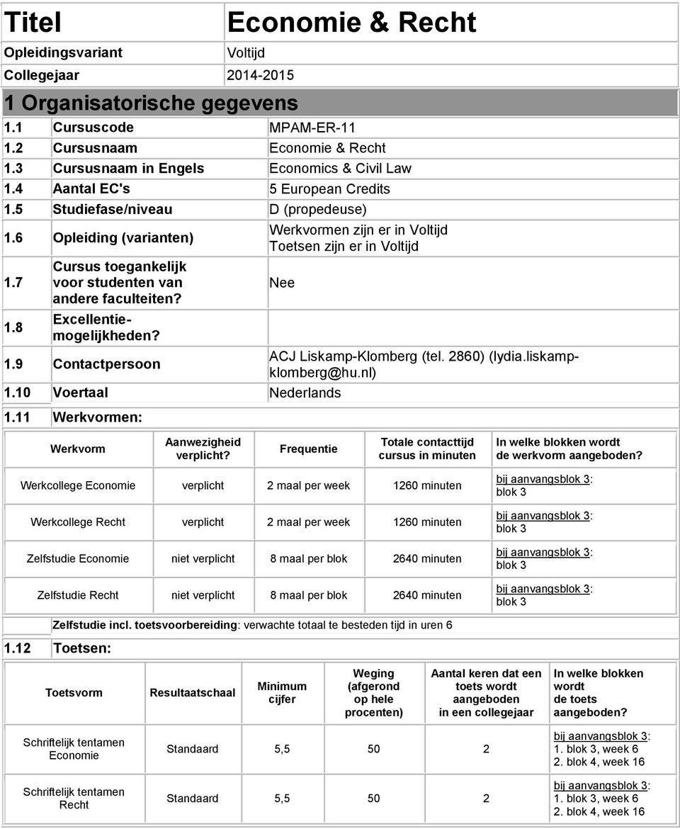 8 Cursus toegankelijk voor studenten van andere faculteiten? Excellentiemogelijkheden? Werkvormen zijn er in Voltijd Toetsen zijn er in Voltijd Nee 1.9 Contactpersoon ACJ Liskamp-Klomberg (tel.