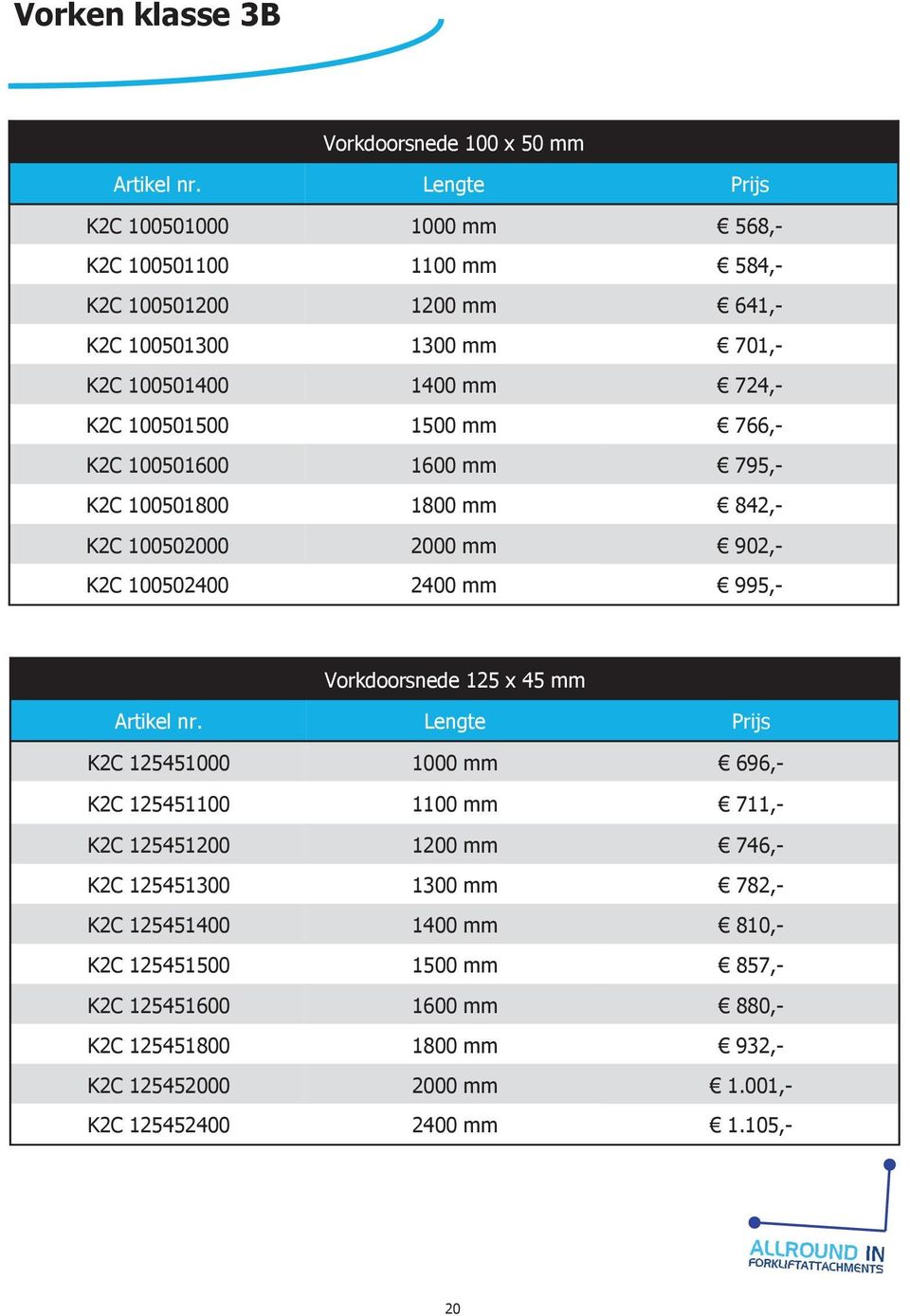 995,- Vorkdoorsnede 125 x 45 mm K2C 125451000 1000 mm 696,- K2C 125451100 1100 mm 711,- K2C 125451200 1200 mm 746,- K2C 125451300 1300 mm 782,- K2C 125451400