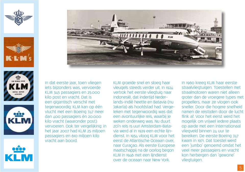 Ook ter vergelijking: in het jaar 2007 had KLM 25 miljoen passagiers en 610 miljoen kilo vracht aan boord. KLM groeide snel en sloeg haar vleugels steeds verder uit.