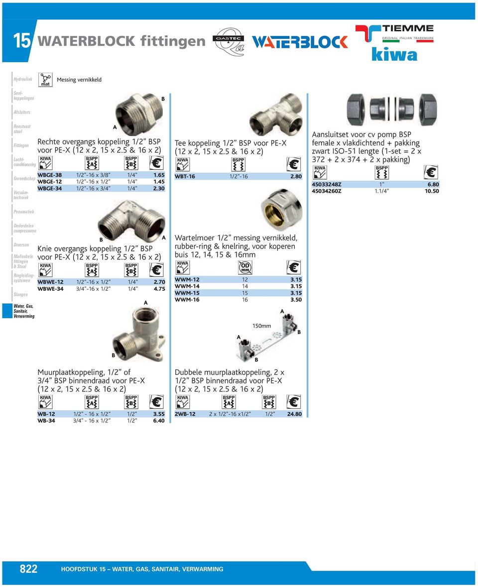 50 WGE-38 1/2-16 x 3/8 1/4 1.65 WGE-12 1/2-16 x 1/2 1/4 1.45 WGE-34 1/2-16 x 3/4 1/4 2.30 Knie overgangs koppeling 1/2 SP voor PE-X (12 x 2, x 2.5 & 16 x 2) KIW WWE-12 1/2-16 x 1/2 1/4 2.