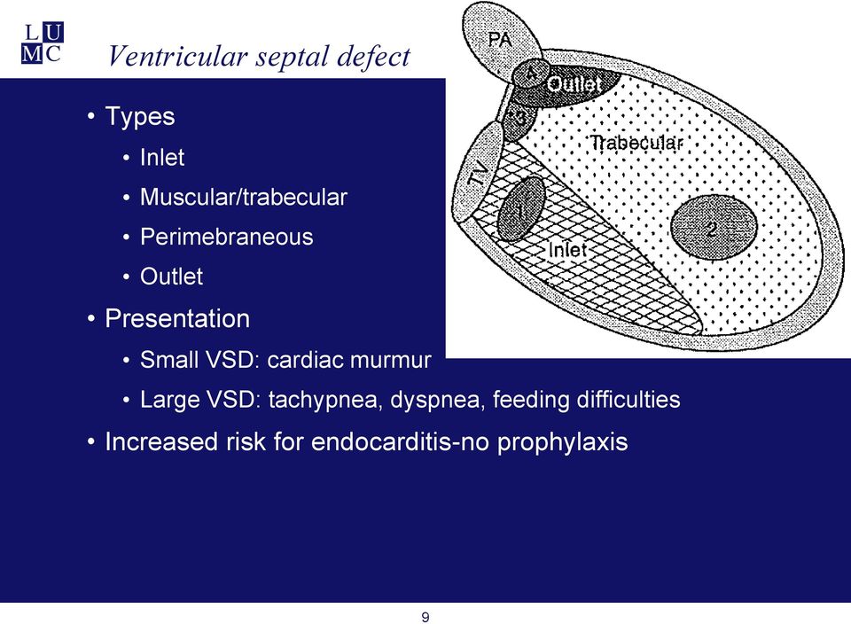 Small VSD: cardiac murmur Large VSD: tachypnea,