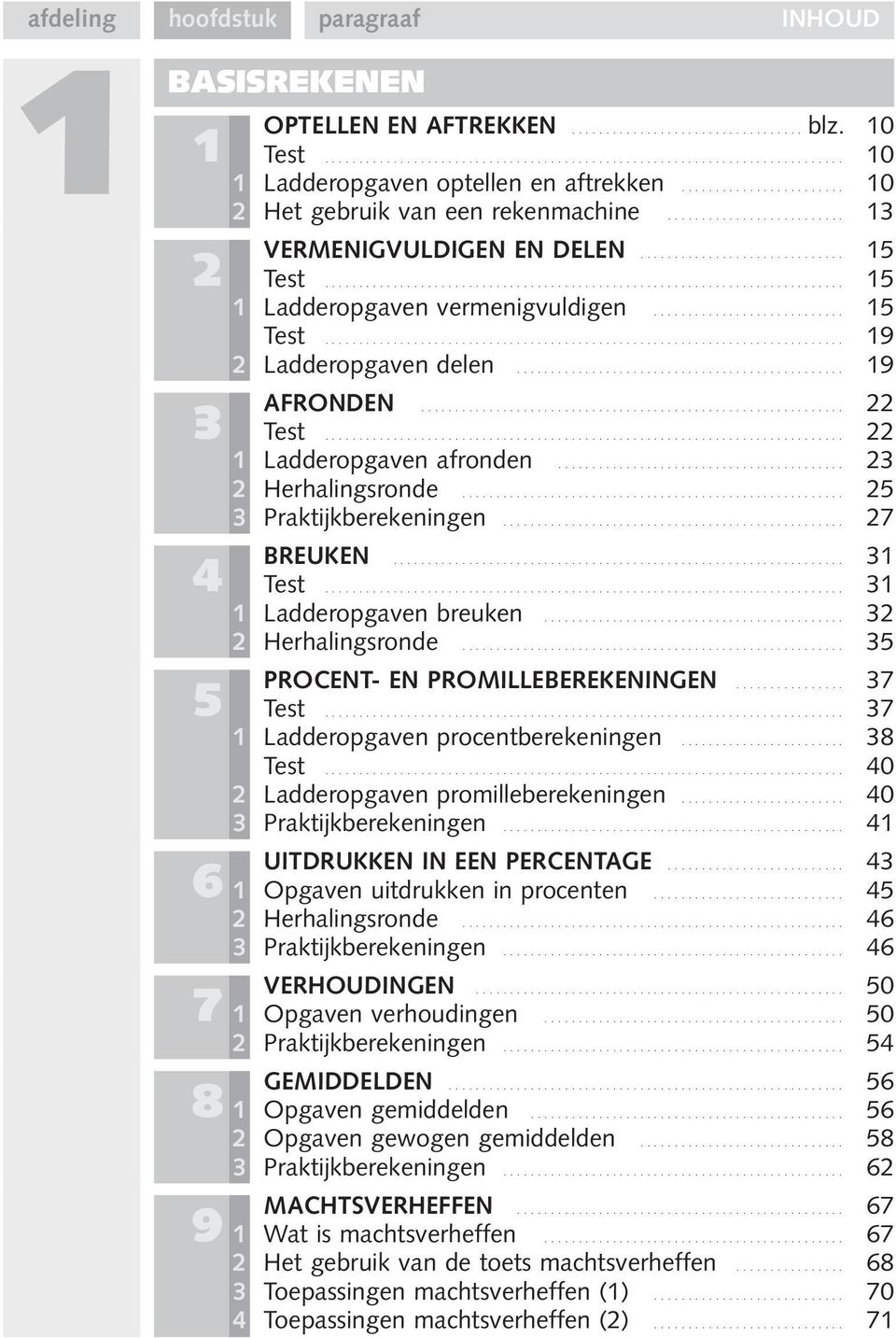 .. 23 2 Herhalingsronde... 25 3 Praktijkberekeningen... 27 4 BREUKEN 31... Test... 31 1 Ladderopgaven breuken... 32 2 Herhalingsronde... 35 5 PROCENT- EN PROMILLEBEREKENINGEN 37... Test... 37 1 Ladderopgaven procentberekeningen.