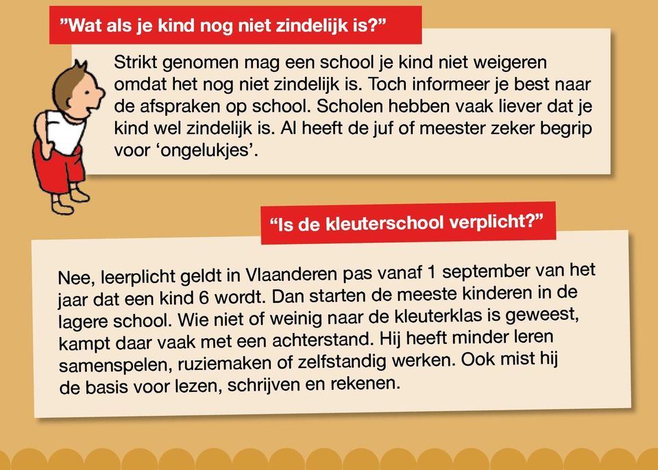 Is de kleuterschool verplicht? Nee, leerplicht geldt in Vlaanderen pas vanaf 1 september van het jaar dat een kind 6 wordt.