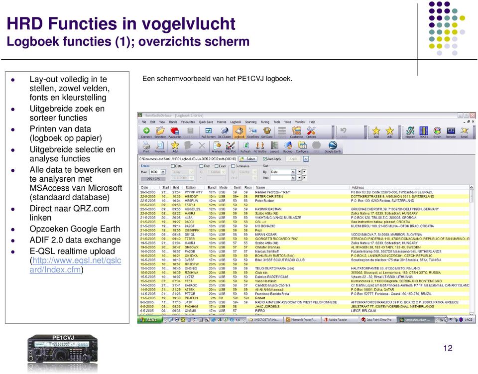 functies Alle data te bewerken en te analysren met MSAccess van Microsoft (standaard database) Direct naar QRZ.