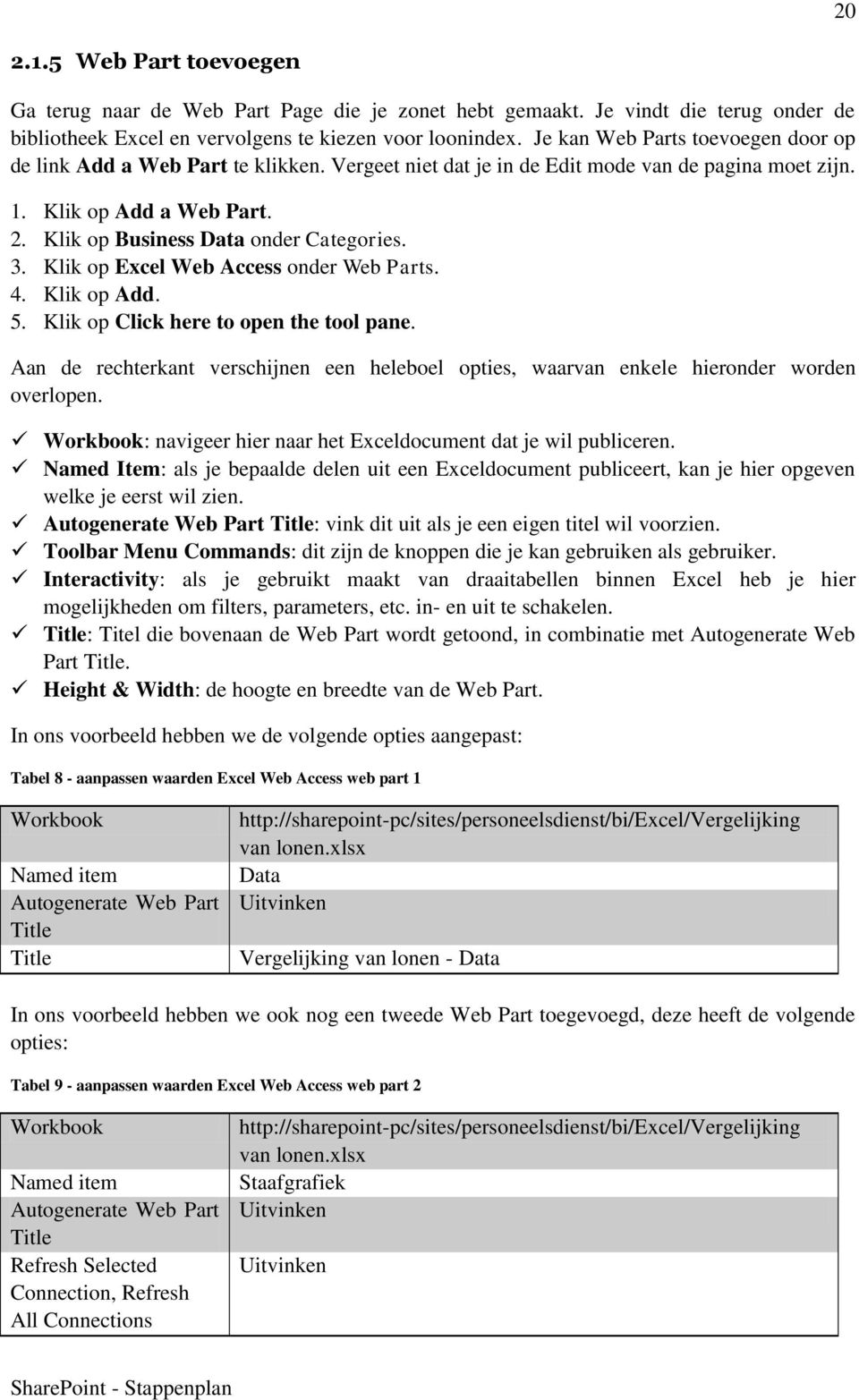 3. Klik op Excel Web Access onder Web Parts. 4. Klik op Add. 5. Klik op Click here to open the tool pane. Aan de rechterkant verschijnen een heleboel opties, waarvan enkele hieronder worden overlopen.