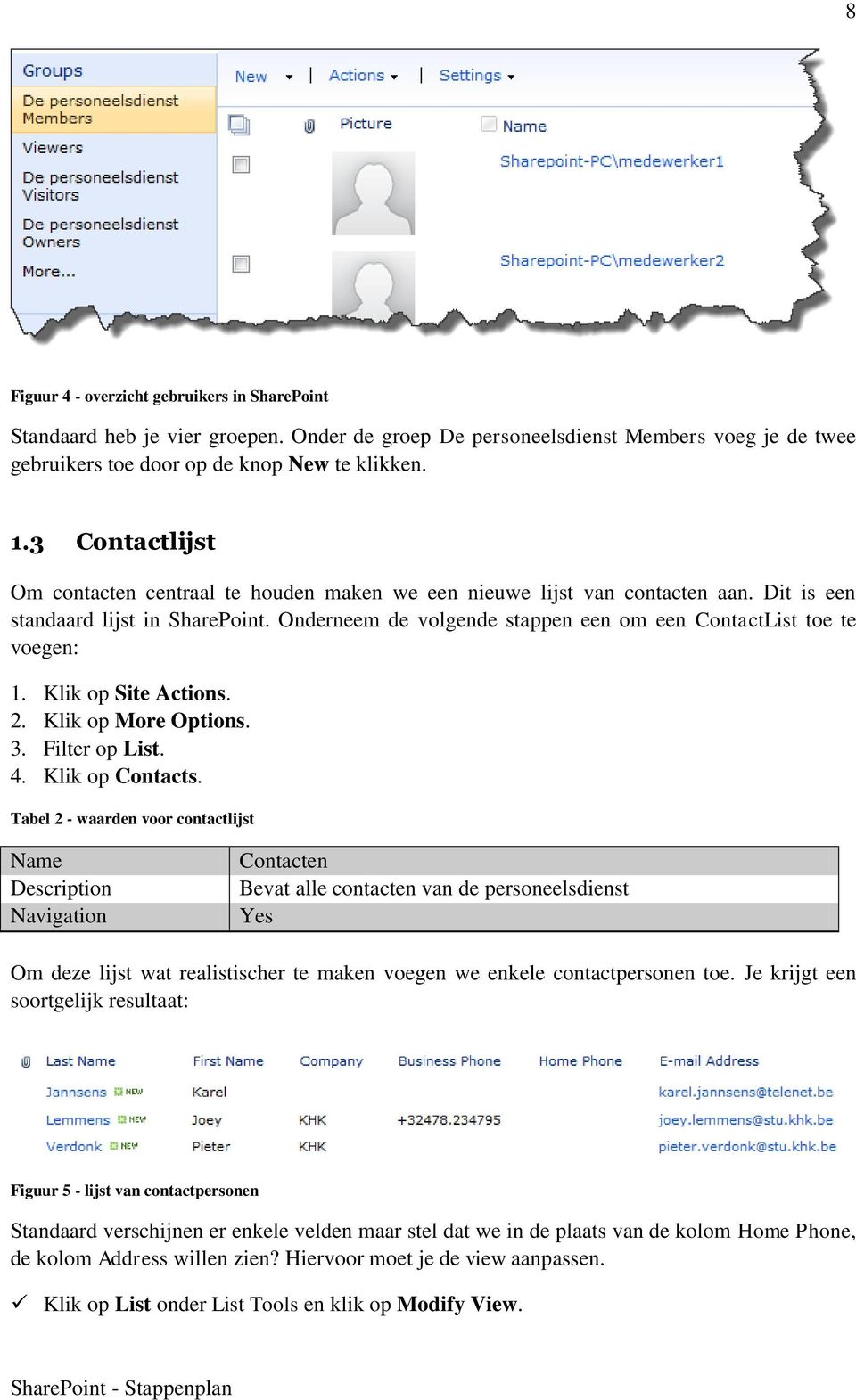 Onderneem de volgende stappen een om een ContactList toe te voegen: 1. Klik op Site Actions. 2. Klik op More Options. 3. Filter op List. 4. Klik op Contacts.