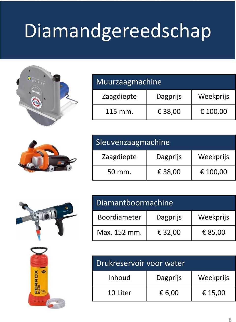 38,00 100,00 Diamantboormachine Boordiameter Dagprijs Weekprijs Max. 152 mm.