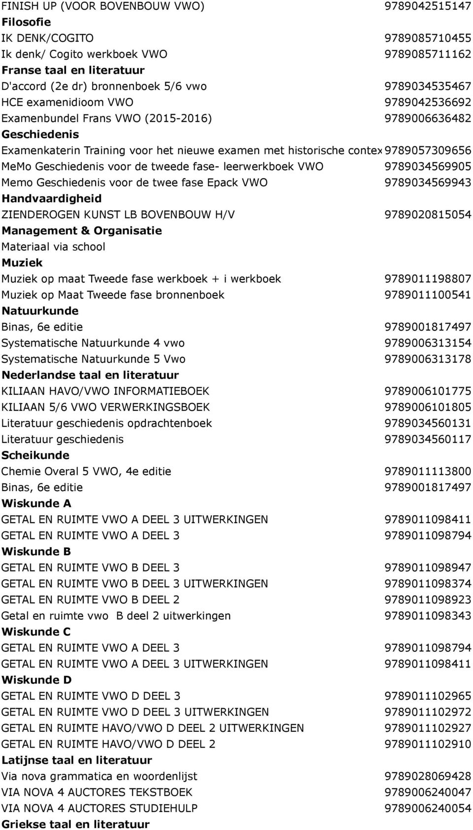 tweede fase- leerwerkboek VWO 9789034569905 Memo voor de twee fase Epack VWO 9789034569943 Handvaardigheid ZIENDEROGEN KUNST LB BOVENBOUW H/V 9789020815054 Management & Organisatie Muziek Muziek op