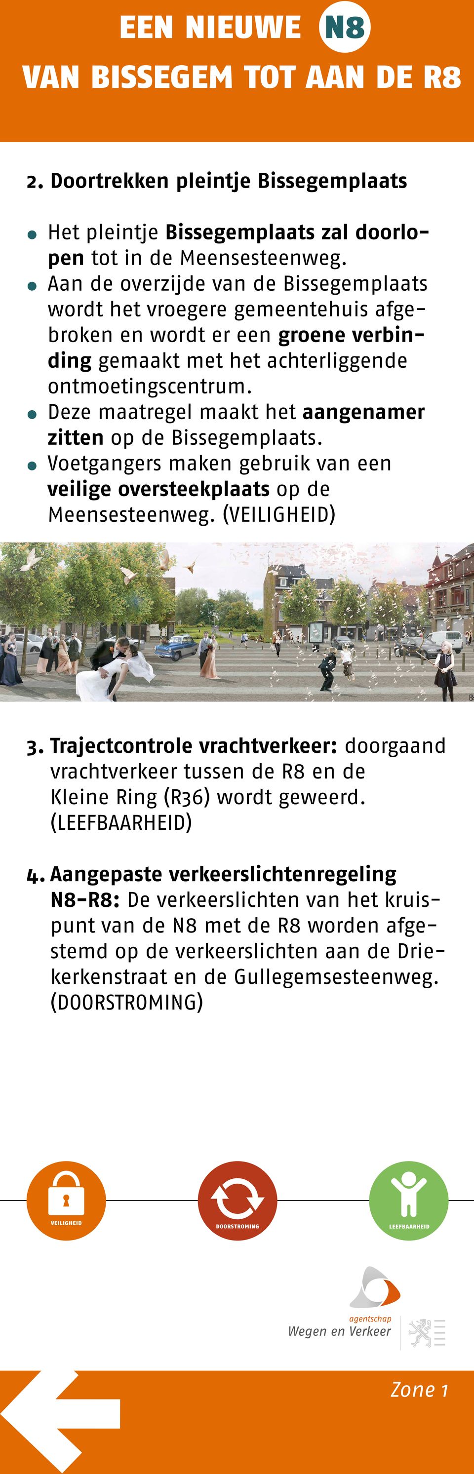 Deze maatregel maakt het aangenamer zitten op de Bissegemplaats. Voetgangers maken gebruik van een veilige oversteekplaats op de Meensesteenweg. (VEILIGHEID) 3.