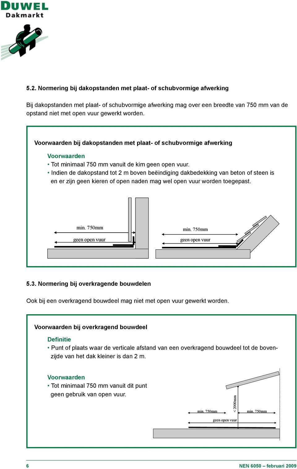 Indien de dakopstand tot 2 m boven beëindiging dakbedekking van beton of steen is en er zijn geen kieren of open naden mag wel open vuur worden toegepast. min. 750mm geen open vuur min.