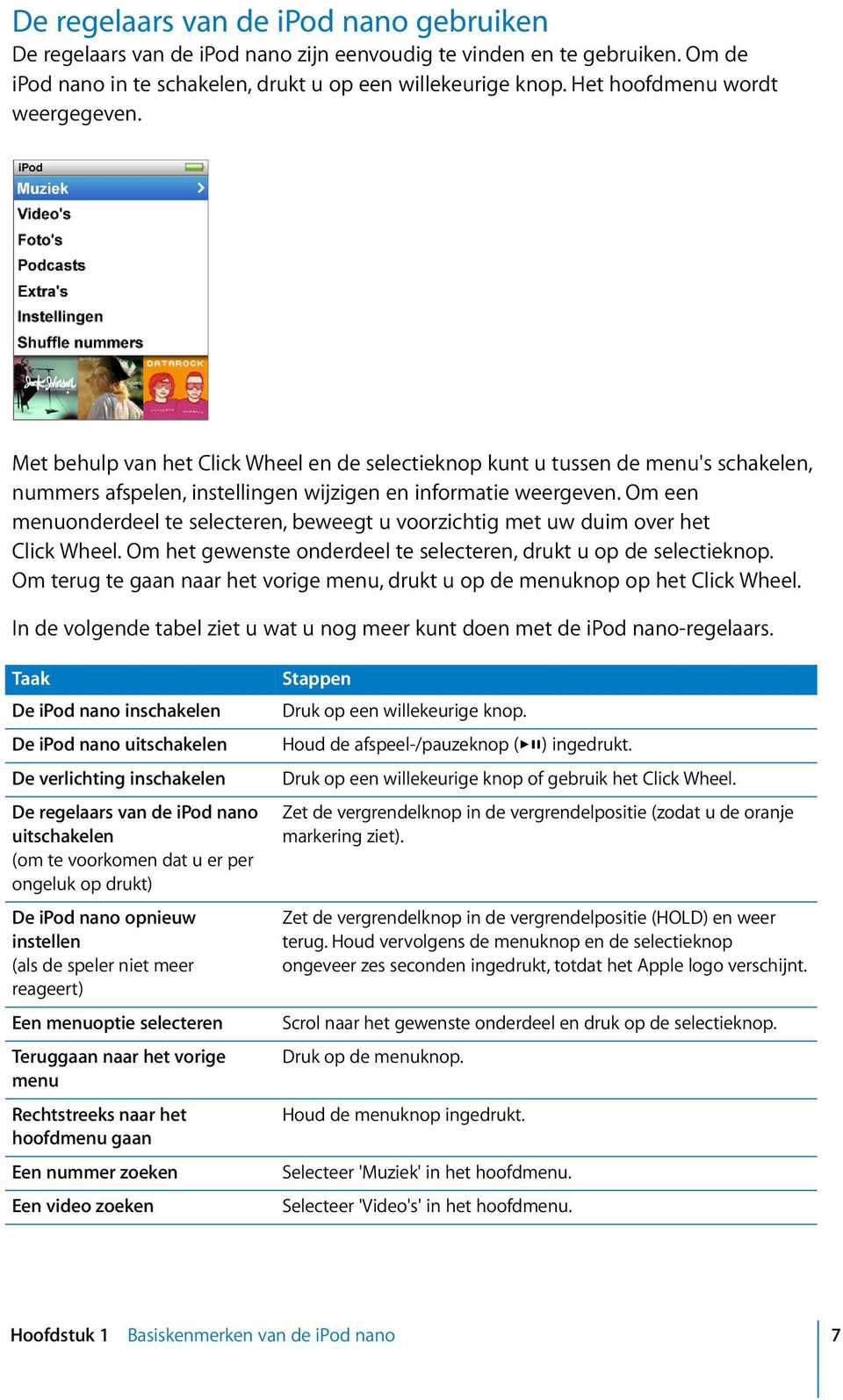 Om een menuonderdeel te selecteren, beweegt u voorzichtig met uw duim over het Click Wheel. Om het gewenste onderdeel te selecteren, drukt u op de selectieknop.