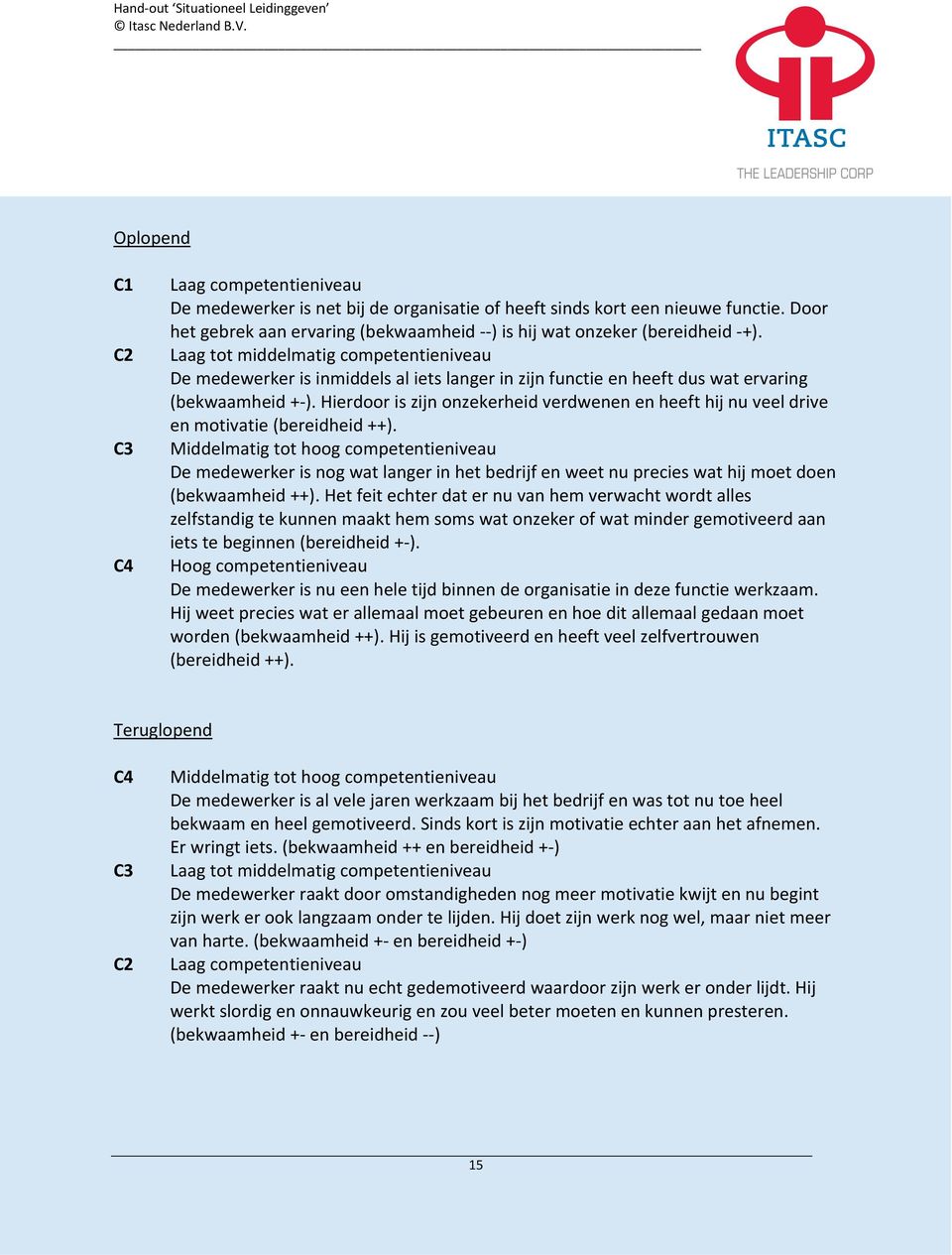 Laag tot middelmatig competentieniveau De medewerker is inmiddels al iets langer in zijn functie en heeft dus wat ervaring (bekwaamheid + ).