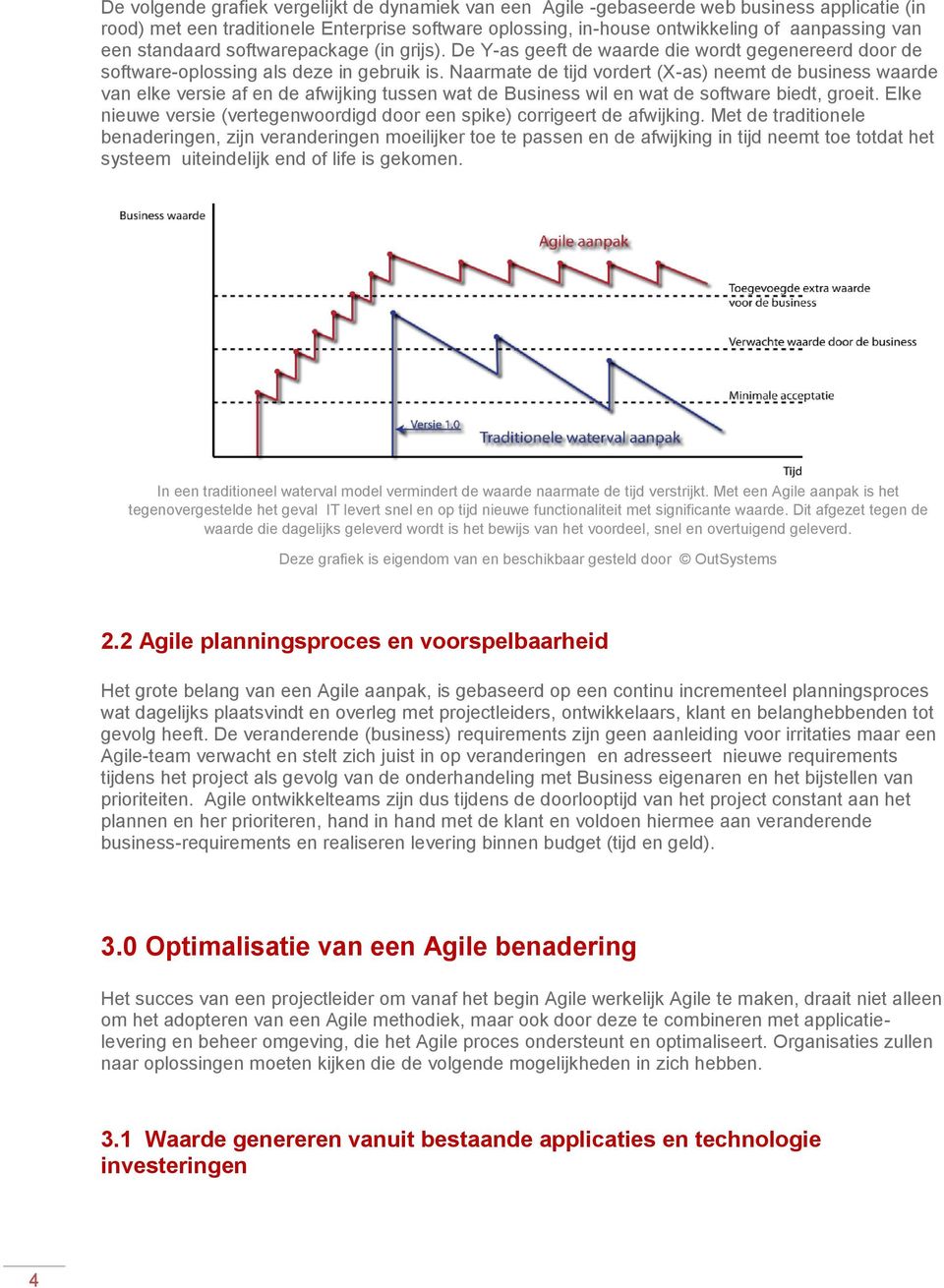 Naarmate de tijd vordert (X-as) neemt de business waarde van elke versie af en de afwijking tussen wat de Business wil en wat de software biedt, groeit.