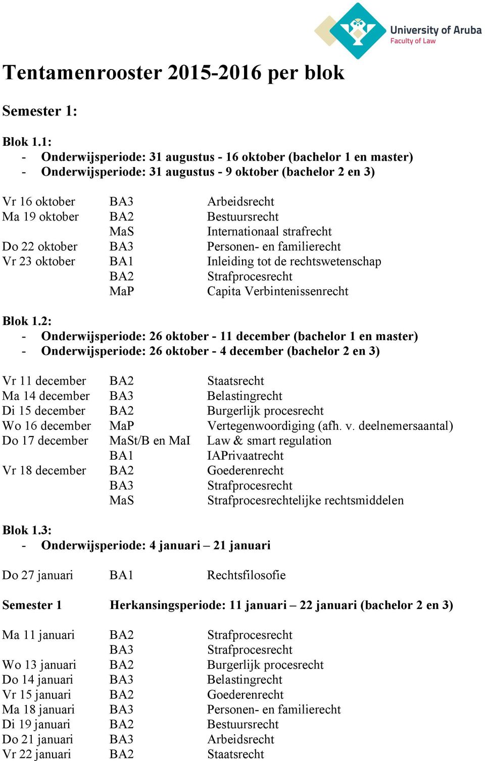 Internationaal strafrecht Do 22 oktober Personen- en familierecht Vr 23 oktober BA1 Inleiding tot de rechtswetenschap BA2 Capita Verbintenissenrecht Blok 1.