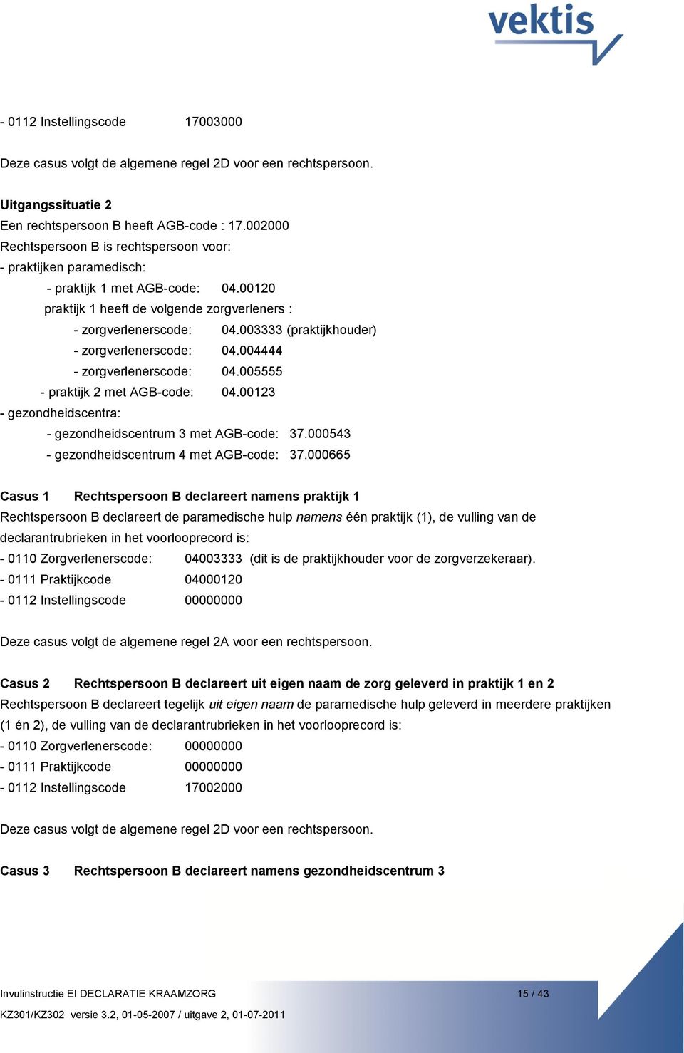 003333 (praktijkhouder) - zorgverlenerscode: 04.004444 - zorgverlenerscode: 04.005555 - praktijk 2 met AGB-code: 04.00123 - gezondheidscentra: - gezondheidscentrum 3 met AGB-code: 37.