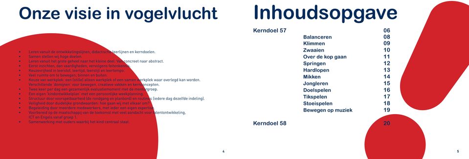 Keuze van werkplek: een (stille) alleen werkplek of een samen werkplek waar overlegd kan worden. Verschillende domijnen voor bewegen, creatieve vakken en kernconcepten.