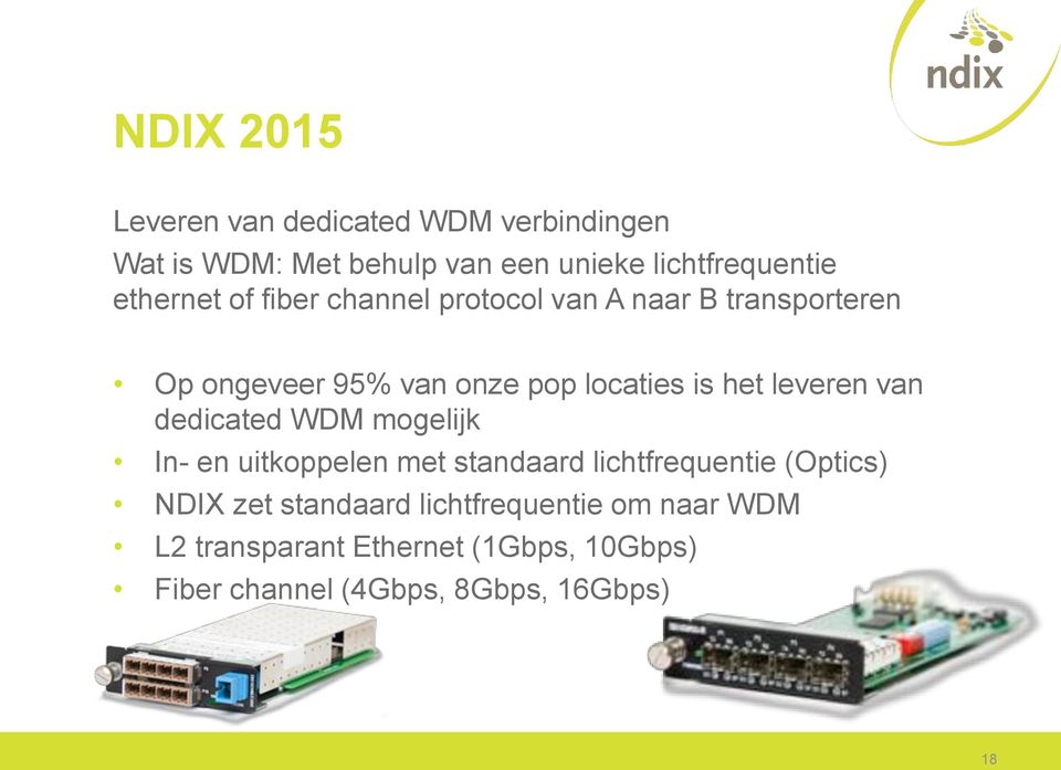 leveren van dedicated WDM mogelijk In- en uitkoppelen met standaard lichtfrequentie (Optics) NDIX zet