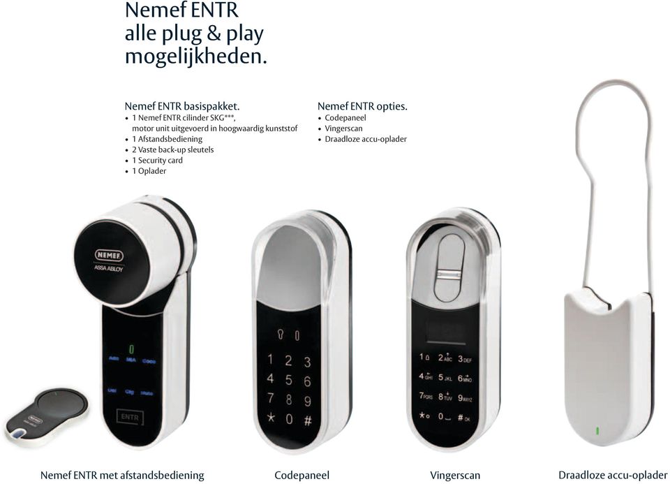 Afstandsbediening 2 Vaste back-up sleutels 1 Security card 1 Oplader Nemef ENTR opties.