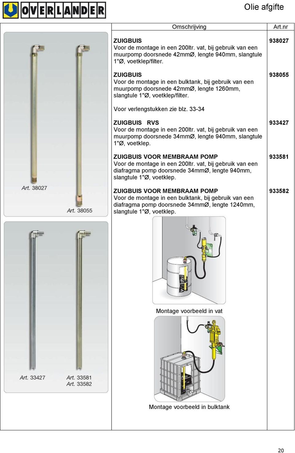 33-34 ZUIGBUIS RVS Voor de montage in een 200ltr. vat, bij gebruik van een muurpomp doorsnede 34mmØ, lengte 940mm, slangtule 1"Ø, voetklep. ZUIGBUIS VOOR MEMBRAAM POMP Voor de montage in een 200ltr.