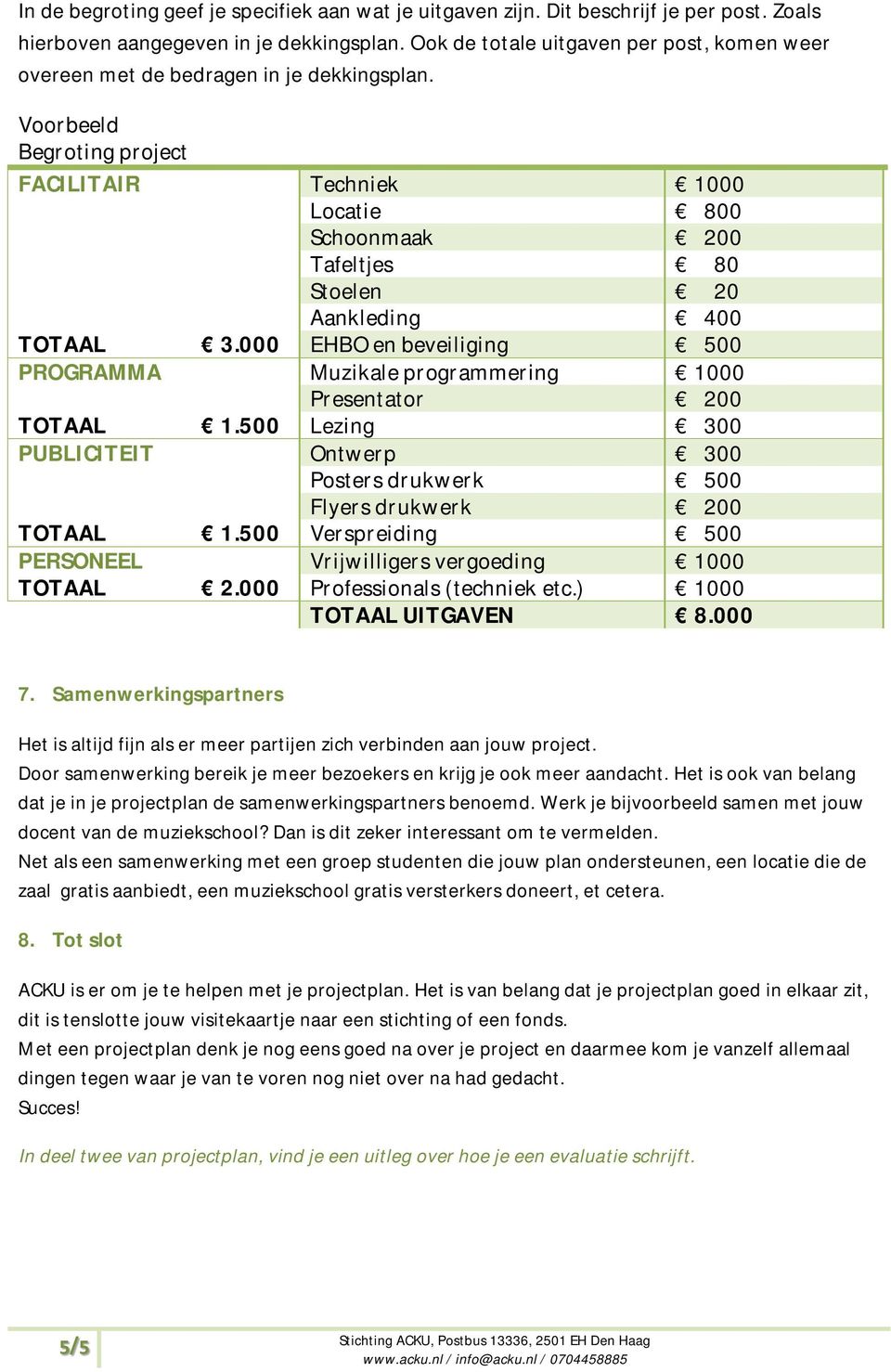 Voorbeeld Begroting project FACILITAIR Techniek 1000 Locatie 800 Schoonmaak 200 Tafeltjes 80 Stoelen 20 Aankleding 400 TOTAAL 3.