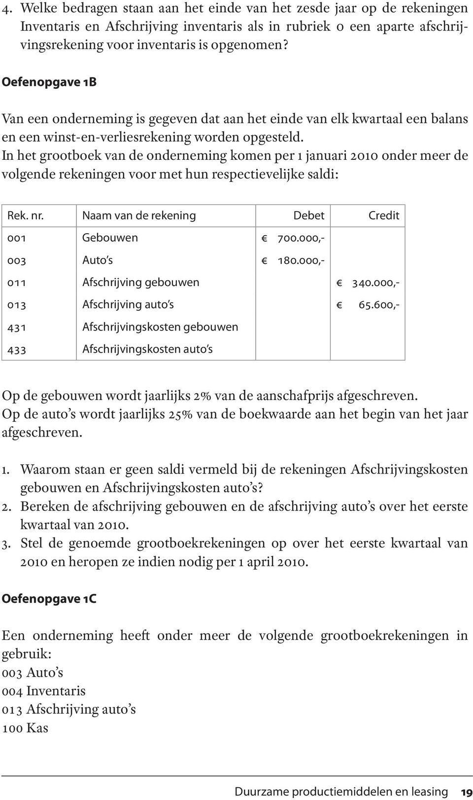 In het grootboek van de onderneming komen per 1 januari 2010 onder meer de volgende rekeningen voor met hun respectievelijke saldi: Rek. nr. Naam van de rekening Debet Credit 001 Gebouwen 700.