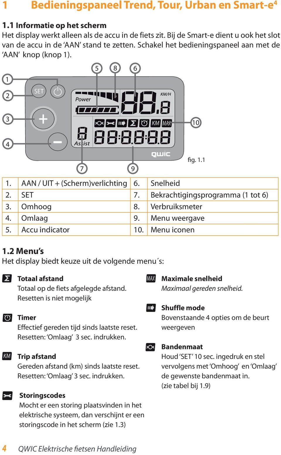 Snelheid 2. SET 7. Bekrachtigingsprogramma (1 tot 6) 3. Omhoog 8. Verbruiksmeter 4. Omlaag 9. Menu weergave 5. Accu indicator 10. Menu iconen 1.