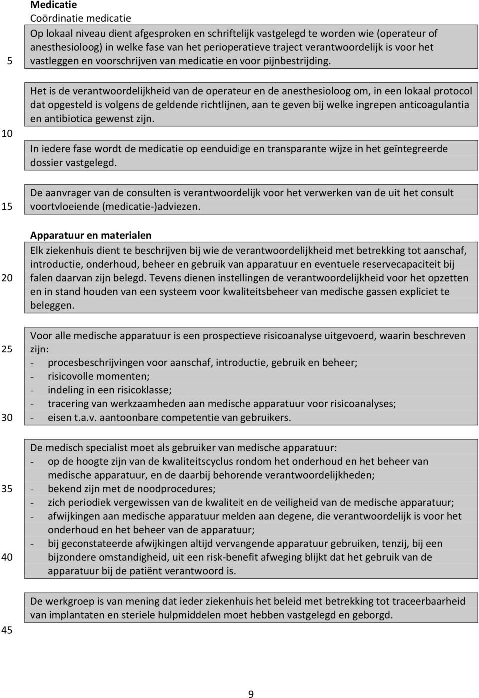 Het is de verantwoordelijkheid van de operateur en de anesthesioloog om, in een lokaal protocol dat opgesteld is volgens de geldende richtlijnen, aan te geven bij welke ingrepen anticoagulantia en