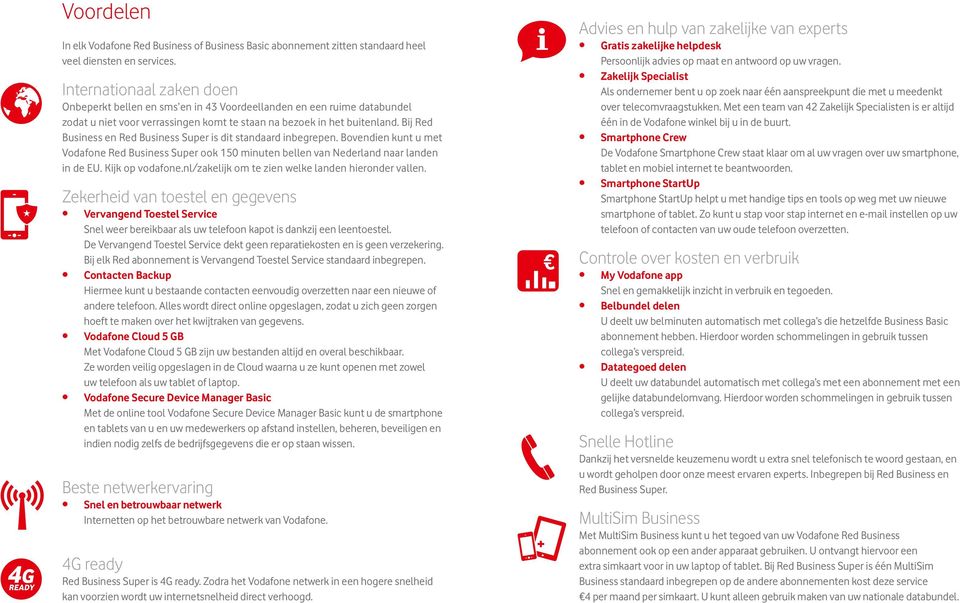 Bij Red Business en Red Business Super is dit standaard inbegrepen. Bovendien kunt u met Vodafone Red Business Super ook 150 minuten bellen van Nederland naar landen in de EU. Kijk op vodafone.