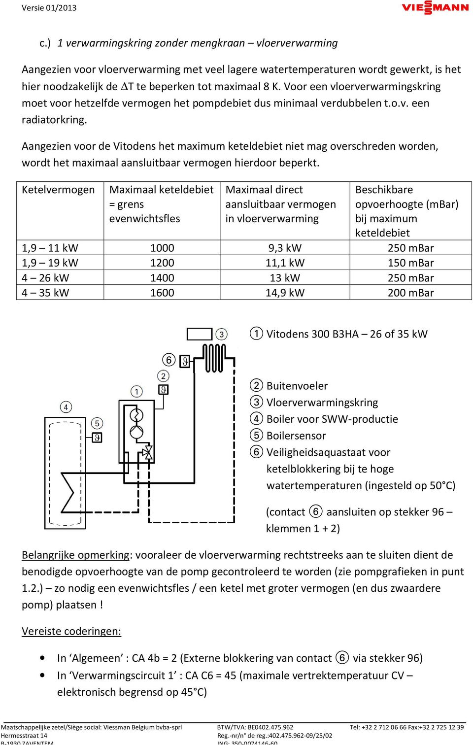 Aangezien voor de Vitodens het maximum keteldebiet niet mag overschreden worden, wordt het maximaal aansluitbaar vermogen hierdoor beperkt.