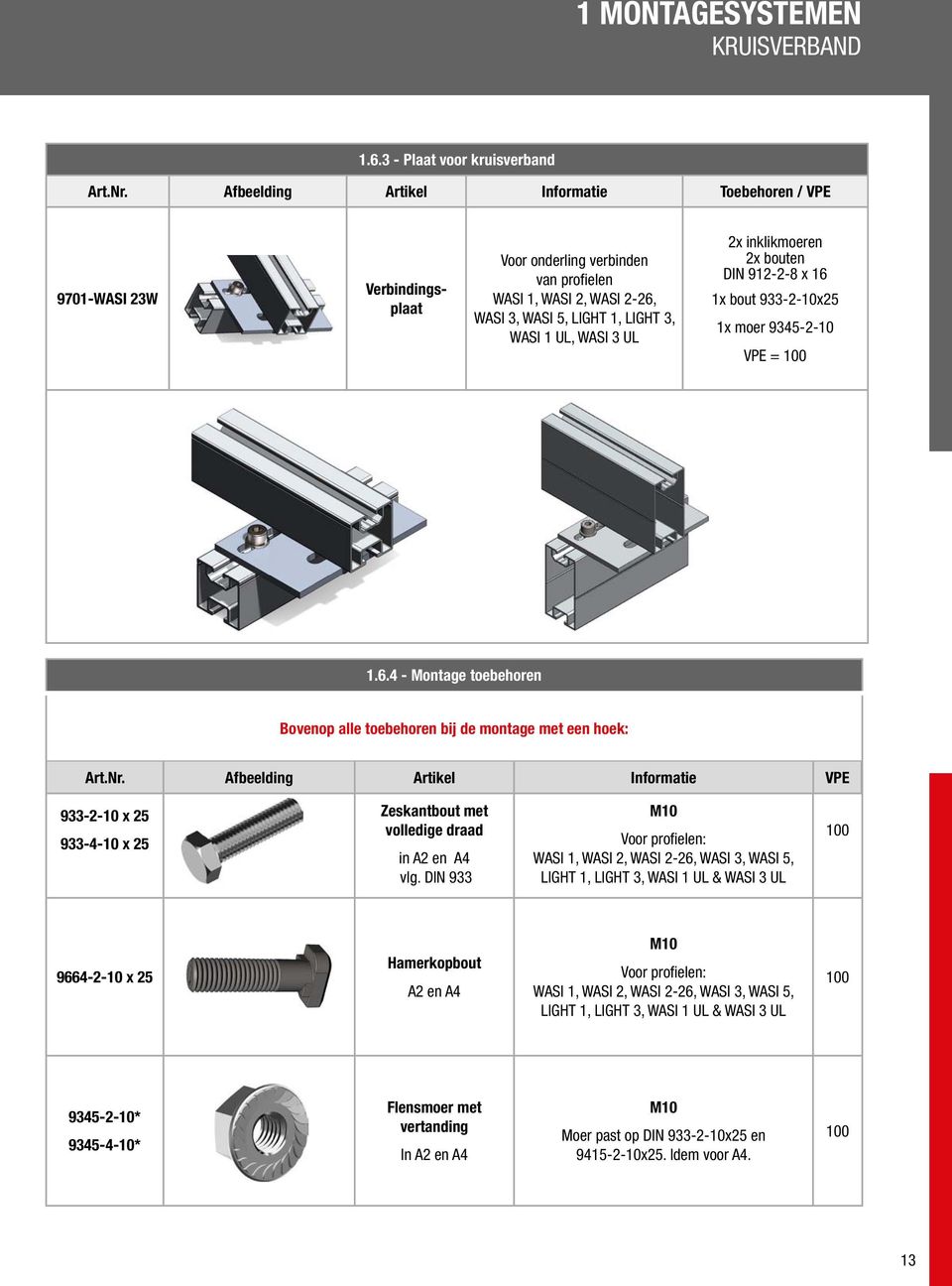 2x inklikmoeren 2x bouten DIN 912-2-8 x 16 1x bout 933-2-10x25 1x moer 9345-2-10 VPE = 1.6.4 - Montage toebehoren Bovenop alle toebehoren bij de montage met een hoek: Art.Nr.