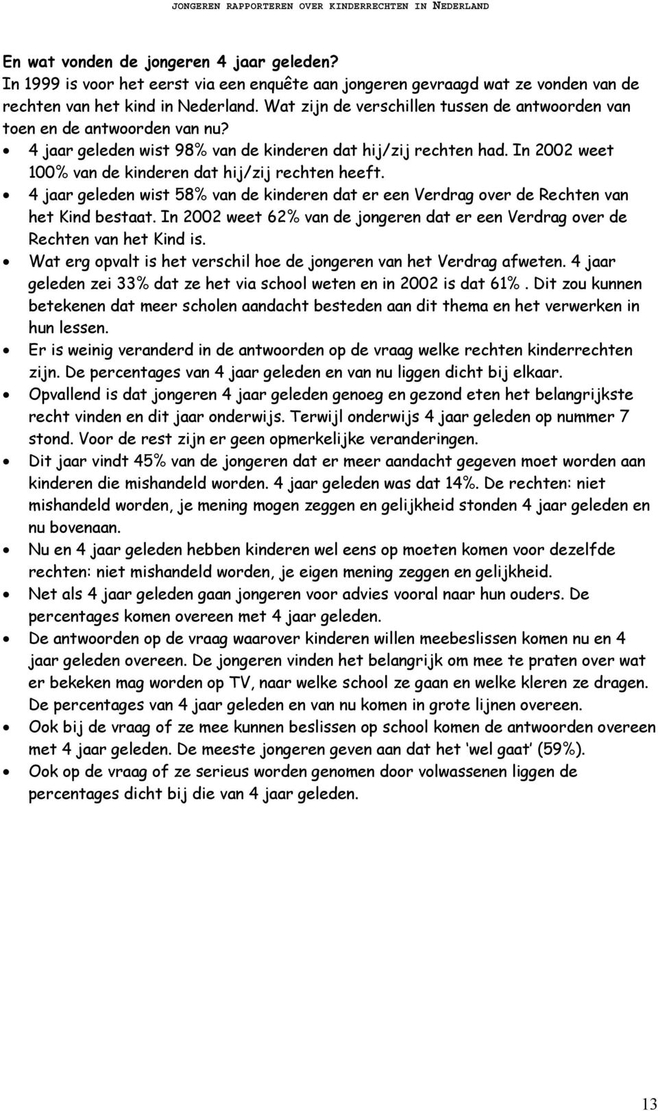 In 2002 weet 100% van de kinderen dat hij/zij rechten heeft. 4 jaar geleden wist 58% van de kinderen dat er een Verdrag over de Rechten van het Kind bestaat.