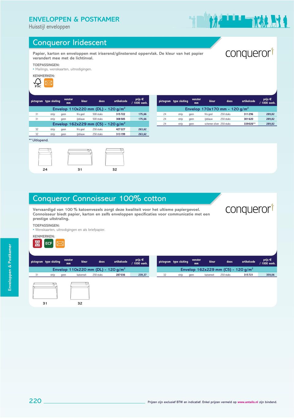stuks 313 199 263,62 ** Uitlopend Envelop 170x170-120 g/m 2 24 fris geel 250 stuks 311 296 289,82 24 ijsblauw 250 stuks 301 620 289,82 24 schemer zilver 250 stuks 339 026** 289,82 24 31 32 Conqueror