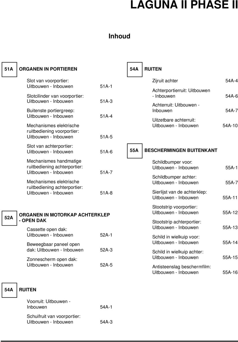 Uitbouwen - Inbouwen 51A-4 Mechanismes elektrische ruitbediening voorportier: Uitbouwen - Inbouwen 51A-5 Slot van achterportier: Uitbouwen - Inbouwen 51A-6 Mechanismes handmatige ruitbediening