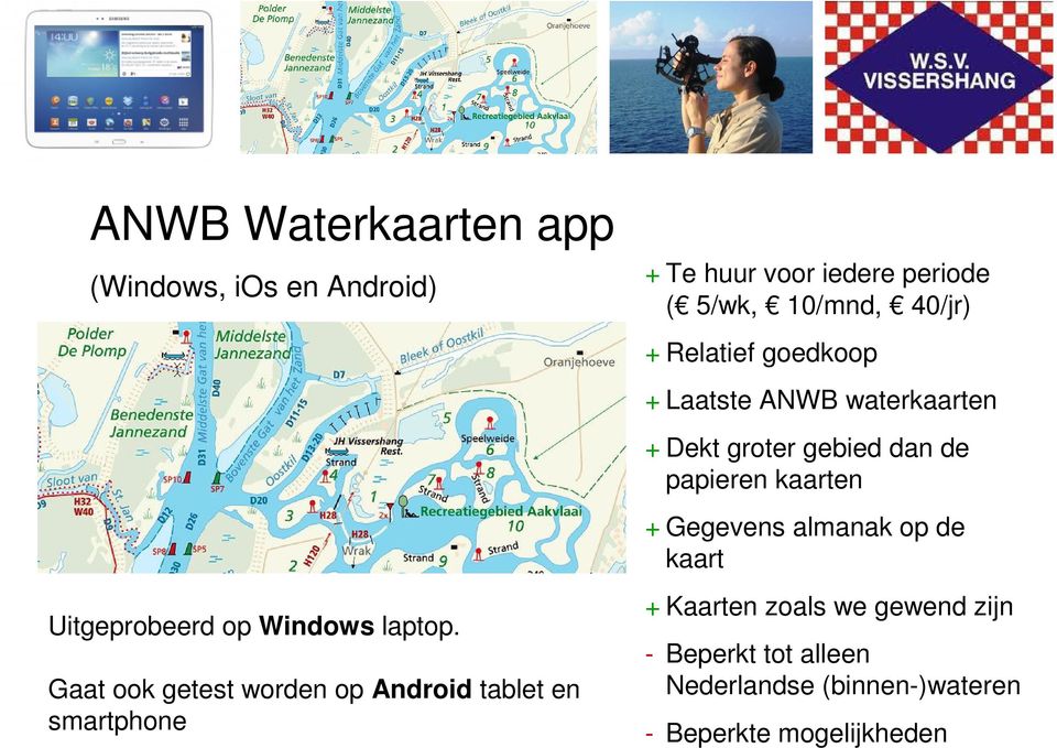 40/jr) + Relatief goedkoop + Laatste ANWB waterkaarten + Dekt groter gebied dan de papieren kaarten +