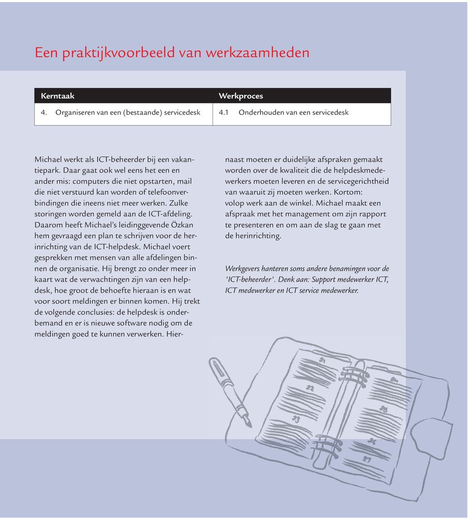 Zulke storingen worden gemeld aan de ICT-afdeling. Daarom heeft Michael s leidinggevende Özkan hem gevraagd een plan te schrijven voor de herinrichting van de ICT-helpdesk.