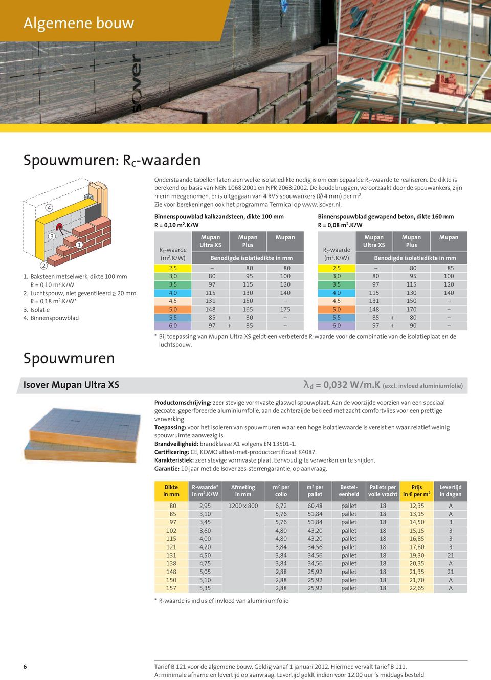 De dikte is berekend op basis van NEN 1068:2001 en NPR 2068:2002. De koudebruggen, veroorzaakt door de spouw ankers, zijn hierin meegenomen. Er is uitgegaan van 4 RVS spouwankers (Ø 4 mm) per m 2.