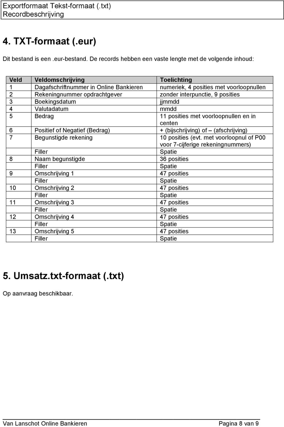 opdrachtgever zonder interpunctie, 9 posities 3 Boekingsdatum jjmmdd 4 Valutadatum mmdd 5 Bedrag 11 posities met voorloopnullen en in centen 6 Positief of Negatief (Bedrag) + (bijschrijving) of