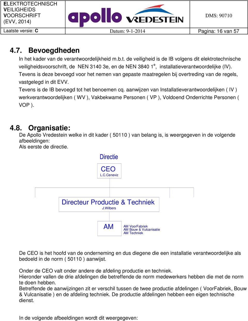 aanwijzen van Installatieverantwoordelijken ( IV ) werkverantwoordelijken ( WV ), Vakbekwame Personen ( VP ), Voldoend Onderrichte Personen ( VOP ). 4.8.