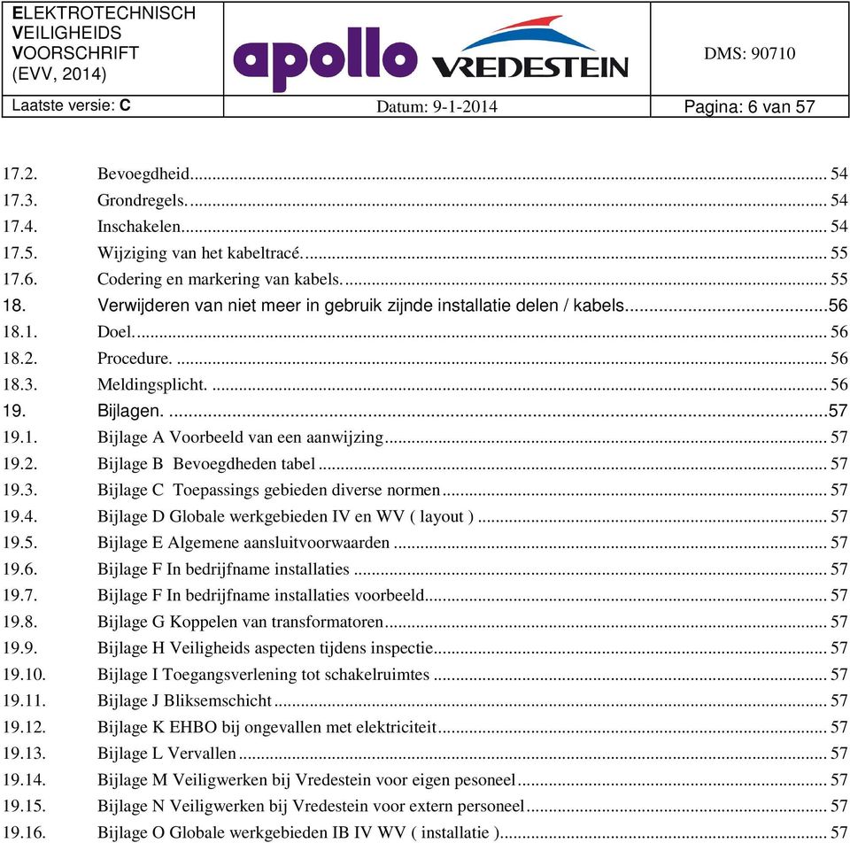 .. 57 19.2. Bijlage B Bevoegdheden tabel... 57 19.3. Bijlage C Toepassings gebieden diverse normen... 57 19.4. Bijlage D Globale werkgebieden IV en WV ( layout )... 57 19.5. Bijlage E Algemene aansluitvoorwaarden.