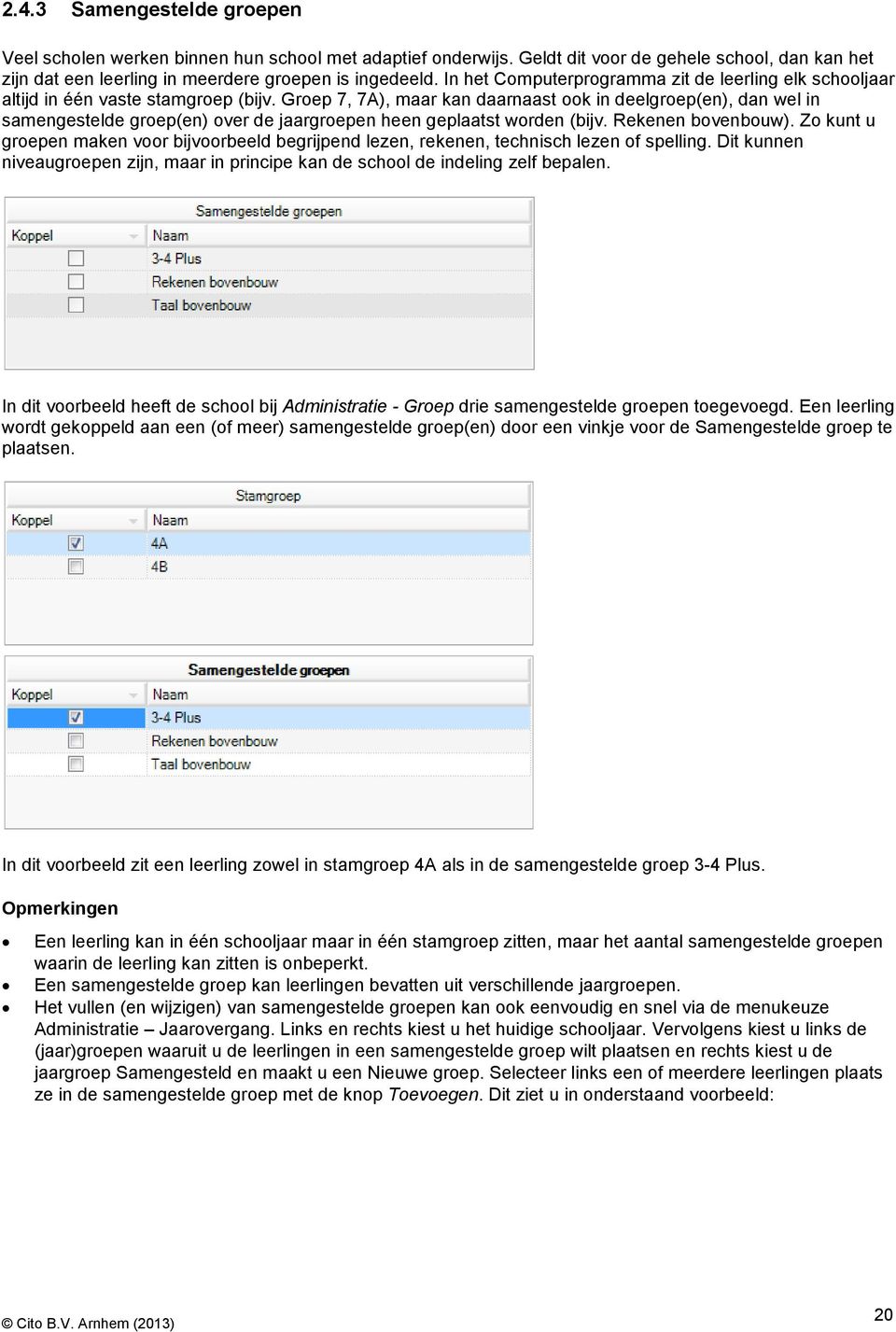 Groep 7, 7A), maar kan daarnaast ook in deelgroep(en), dan wel in samengestelde groep(en) over de jaargroepen heen geplaatst worden (bijv. Rekenen bovenbouw).