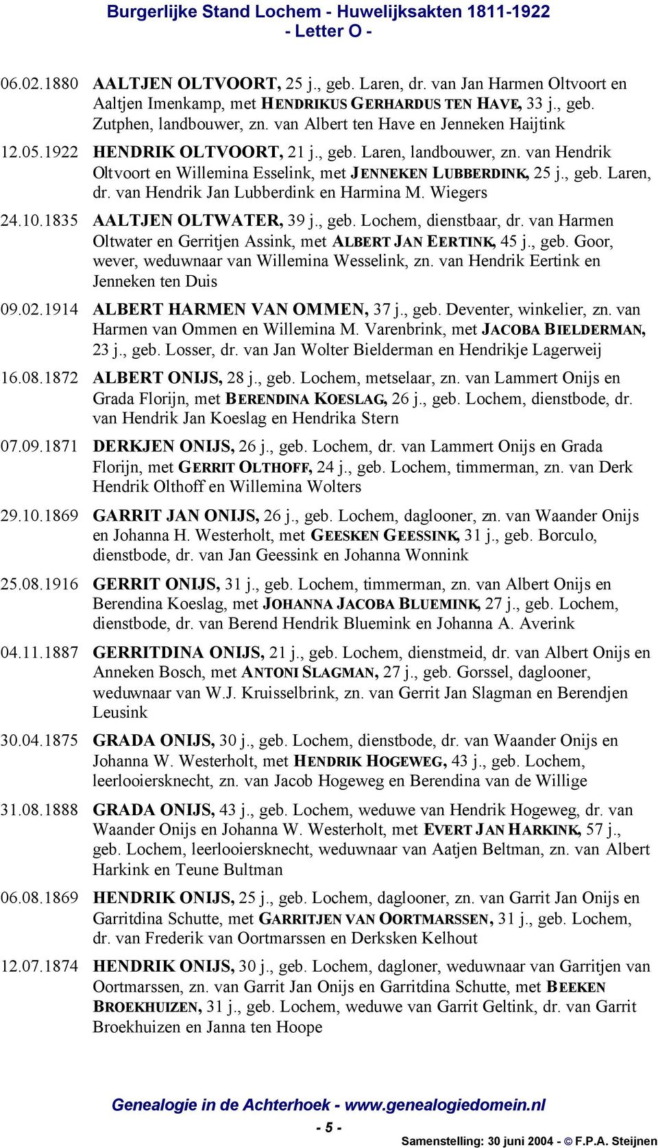 van Hendrik Jan Lubberdink en Harmina M. Wiegers 24.10.1835 AALTJEN OLTWATER, 39 j., geb. Lochem, dienstbaar, dr. van Harmen Oltwater en Gerritjen Assink, met ALBERT JAN EERTINK, 45 j., geb. Goor, wever, weduwnaar van Willemina Wesselink, zn.