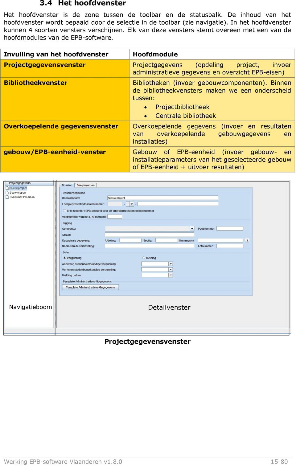 Invulling van het hoofdvenster Hoofdmodule Projectgegevensvenster Projectgegevens (opdeling project, invoer administratieve gegevens en overzicht EPB-eisen) Bibliotheekvenster Overkoepelende